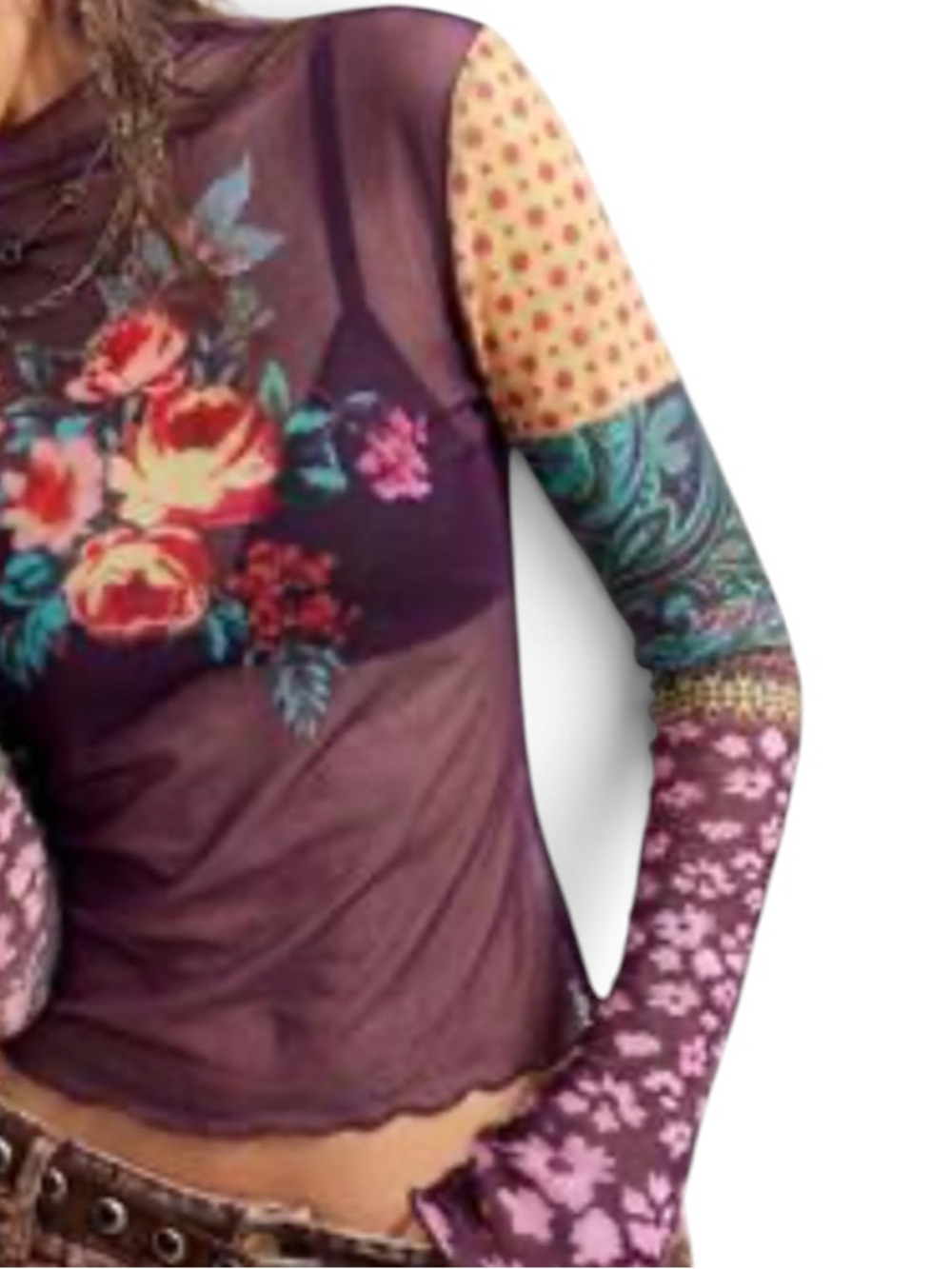 Boho Floral Patchwork look Sheer Long Sleeve Top Purple style fashion